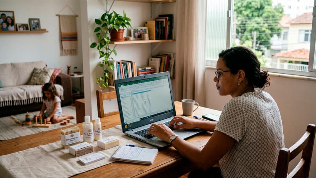 Mulher empreendedora trabalhando na mesa da sala de casa com produtos de beleza artesanais em cima da mesa e criança brincando ao fundo, representando o empreendedorismo feminino por necessidade