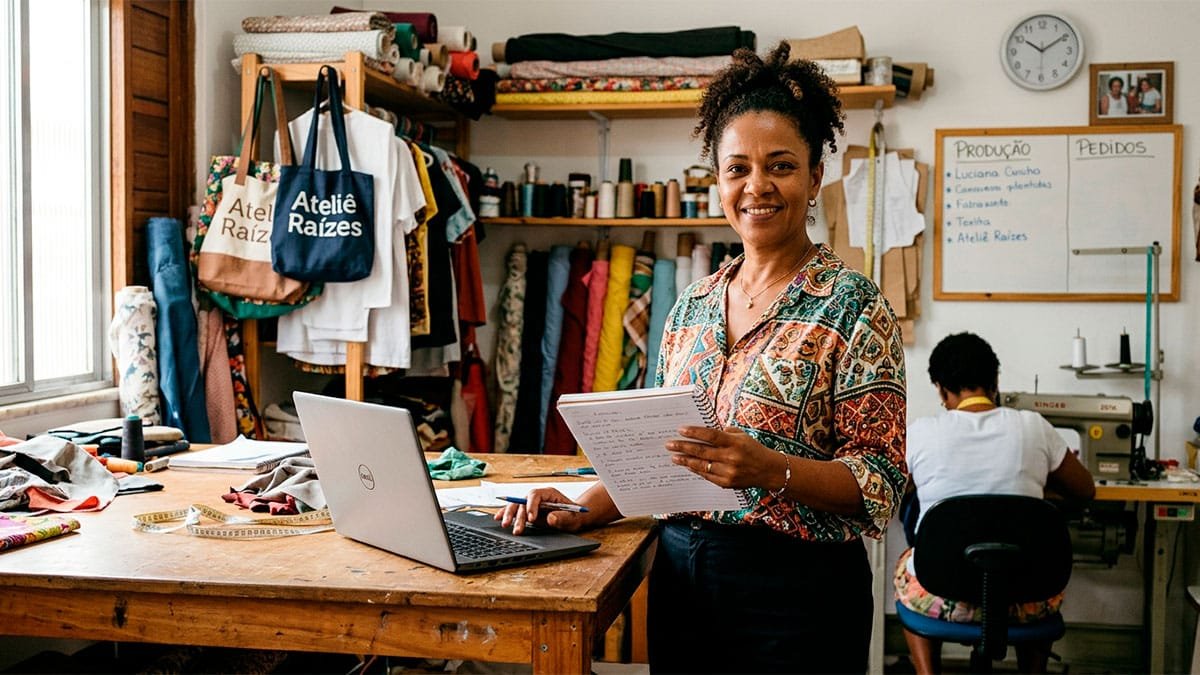 Mulher administrando atelier representando mulheres líderes