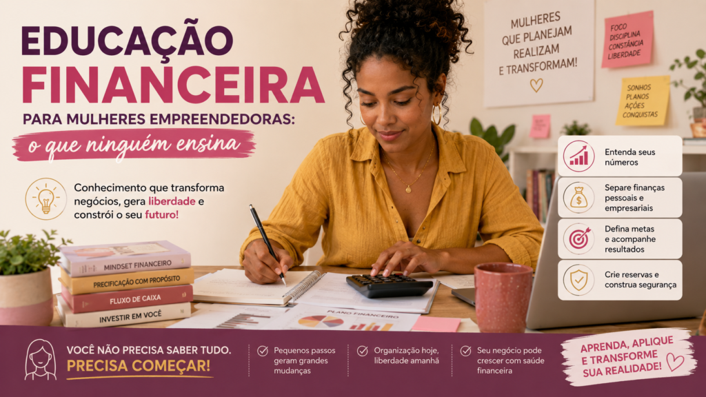 Imagem de uma mulher negra empreendedora sentada em uma mesa, fazendo cálculos e anotações financeiras em um ambiente de trabalho acolhedor. Ao redor, aparecem computador, calculadora, gráficos e mensagens sobre educação financeira, organização, metas e crescimento profissional feminino em tons rosados e dourados.