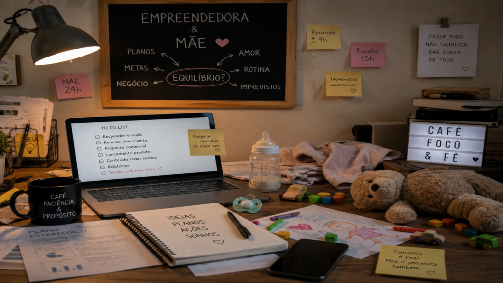 Ambiente de trabalho representando os desafios de empreender sendo mãe, com mesa cheia de anotações, laptop com lista de tarefas, brinquedos infantis, mamadeira, desenhos de criança, agenda de negócios e recados sobre equilíbrio entre maternidade e empreendedorismo. A imagem transmite a rotina intensa da mãe empreendedora, conciliando família, organização, negócios e produtividade em um mesmo espaço.