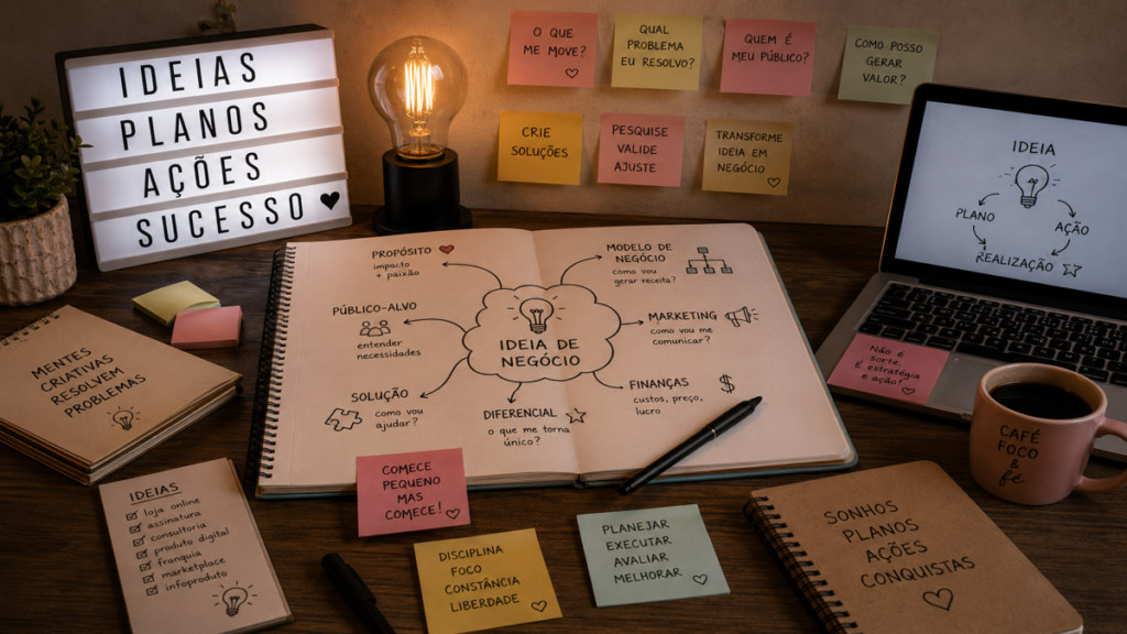 Imagem conceitual sobre ideias de negócios e empreendedorismo, mostrando uma mesa organizada com caderno de planejamento estratégico, mapa mental de ideia de negócio, laptop, post-its com perguntas sobre público-alvo, geração de valor e solução de problemas, além de anotações sobre marketing, finanças e execução. O ambiente transmite criatividade, planejamento e desenvolvimento de novas ideias de negócio.