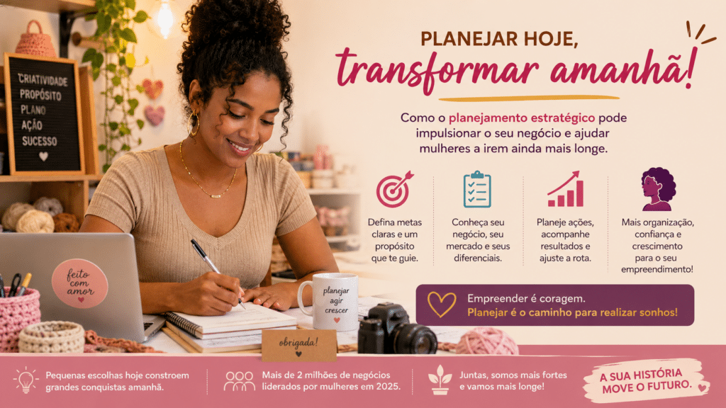 Imagem de uma mulher negra empreendedora escrevendo em um caderno em seu ateliê de crochê, cercada por materiais artesanais, computador e câmera. Ao lado, há textos e ícones sobre planejamento estratégico, metas, organização e crescimento de negócios femininos em tons rosados e acolhedores.