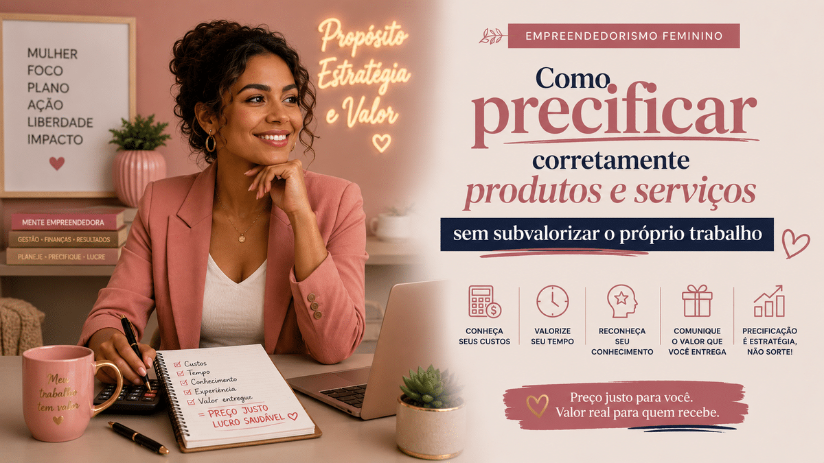 A imagem mostra uma mulher parda empreendedora sentada em um escritório moderno e aconchegante, usando blazer rosa e sorrindo enquanto segura uma caneta ao lado de uma calculadora, notebook e bloco de anotações sobre precificação adequada. Ao lado direito, há um banner em tons rosados com o título “Como precificar corretamente produtos e serviços sem subvalorizar o próprio trabalho”, acompanhado de ícones e mensagens sobre valorização profissional, custos, tempo e estratégia financeira.