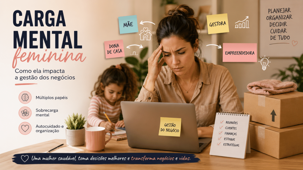 Ilustração de uma mulher empreendedora trabalhando em um notebook enquanto cuida da filha e administra diversas responsabilidades ao mesmo tempo. Ao redor dela aparecem elementos que representam seus múltiplos papéis, como gestora, mãe e responsável pelas tarefas domésticas. A imagem simboliza a sobrecarga mental enfrentada por mulheres que conciliam trabalho, família e cuidados com a casa.