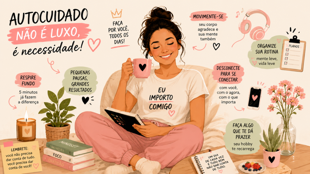 Ilustração de uma mulher relaxando em um ambiente acolhedor, tomando uma bebida quente e escrevendo em um caderno. Ao redor dela há elementos que representam hábitos de autocuidado, como respiração consciente, organização da rotina, prática de atividades prazerosas e momentos de descanso. A imagem transmite a importância de reservar tempo para cuidar da saúde mental e do bem-estar.