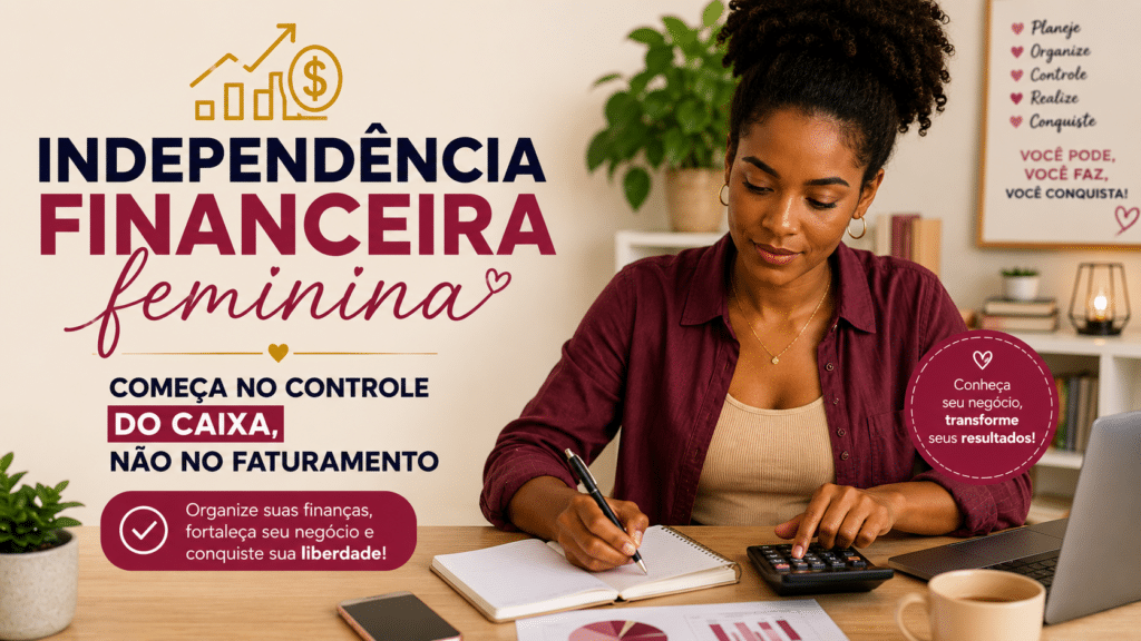 Empreendedora negra realizando o controle de caixa do seu negócio com calculadora, caderno e notebook, demonstrando a relação entre gestão financeira, faturamento e independência financeira feminina.