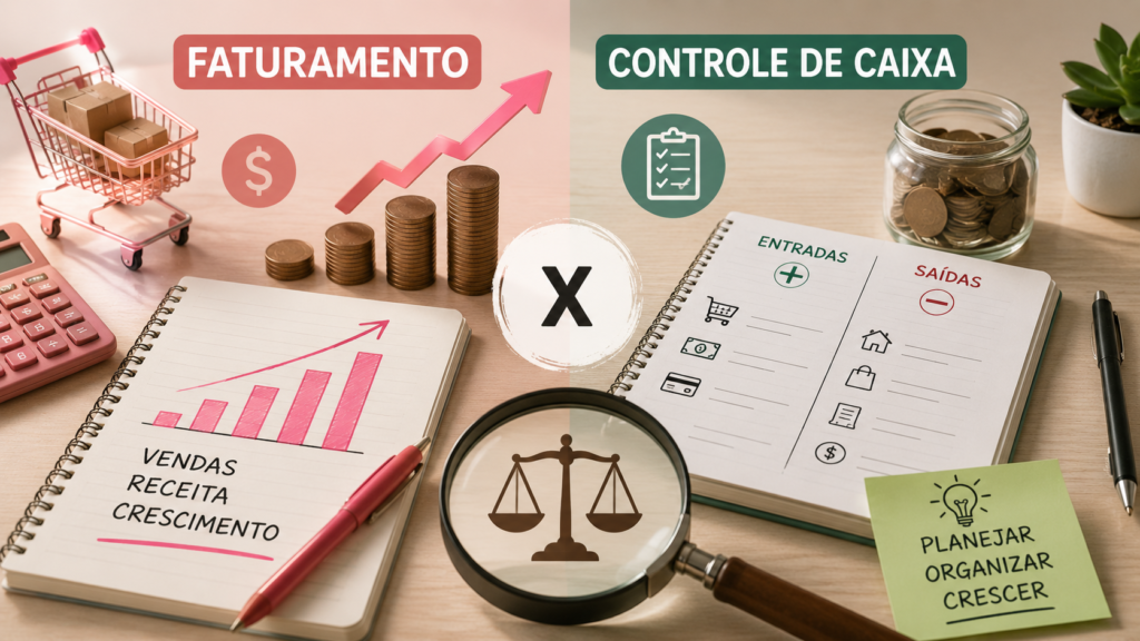 Ilustração comparando faturamento e controle de caixa em uma mesa de trabalho. De um lado, gráficos de crescimento e vendas representam o faturamento; do outro, registros de entradas e saídas mostram o controle de caixa, destacando a importância de analisar ambos para uma gestão financeira eficiente.