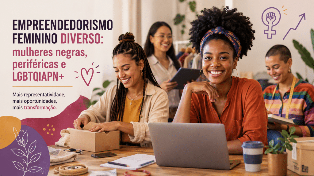 Grupo diverso de mulheres empreendedoras trabalha em um ambiente colaborativo. Em primeiro plano, uma mulher negra utiliza um notebook enquanto outra prepara embalagens para envio de produtos. Ao fundo, uma mulher asiática consulta um tablet e uma pessoa LGBTQIAPN+ organiza materiais. Elementos gráficos remetem ao empreendedorismo feminino, à diversidade, à inclusão e ao crescimento, representando mulheres negras, periféricas e LGBTQIAPN+ construindo oportunidades por meio do empreendedorismo.