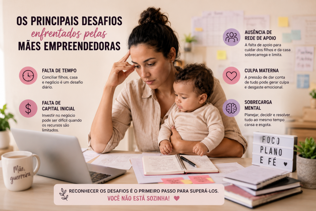 Mãe empreendedora segura uma criança no colo enquanto trabalha em casa diante de um notebook e diversos papéis. A imagem destaca os principais desafios enfrentados por mães empreendedoras, como falta de tempo, falta de capital inicial, ausência de rede de apoio, culpa materna e sobrecarga mental, reforçando uma mensagem de acolhimento e superação.